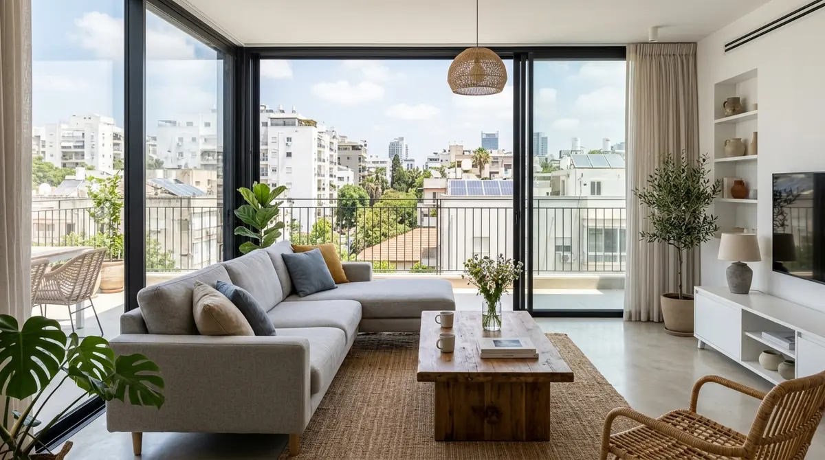 סלון מואר בדירת מגורים עם חלונות רחבים