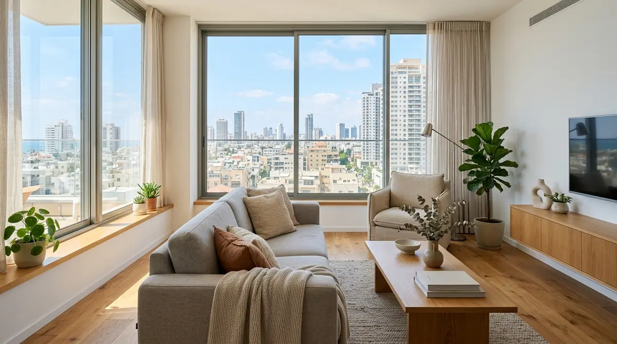 חלל סלון מואר בדירת מגורים מודרנית עם חלונות רחבים