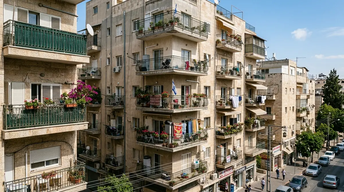 חזית בניין מגורים עם מרפסות ושכנים בקומות סמוכות