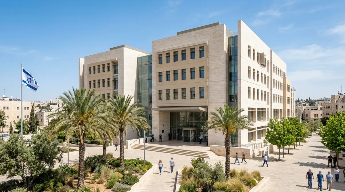 מבנה משרדי ממשלה בישראל באור יום עם צמחייה ועצי דקל בחזית