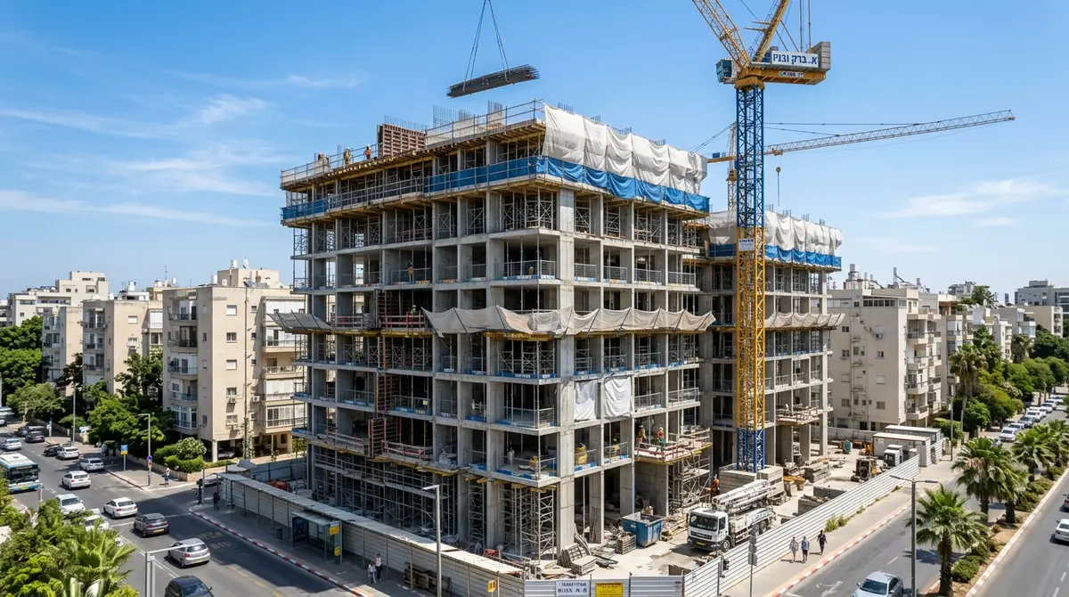 שלד בטון של בניין מגורים בבנייה, עטוף ביריעות הגנה, עם עגורן צריח ברחוב עירוני