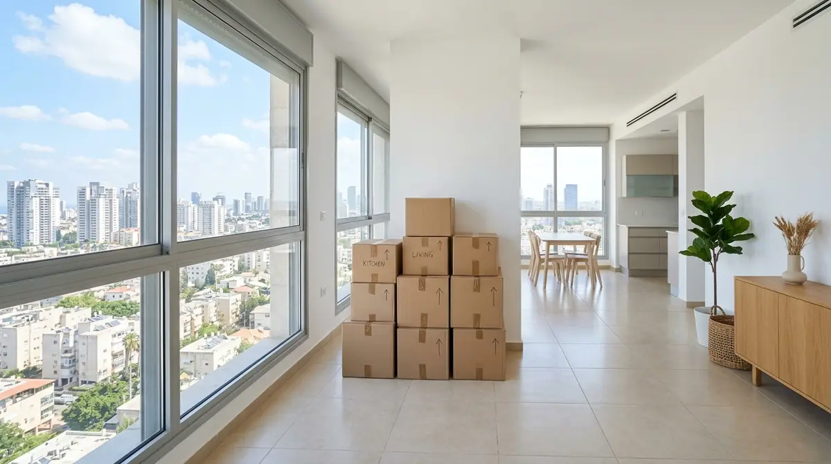 תמונה רחבה של סלון דירה מואר לקראת מעבר מגורים עם ארגזים ארוזים על רצפת אריחים