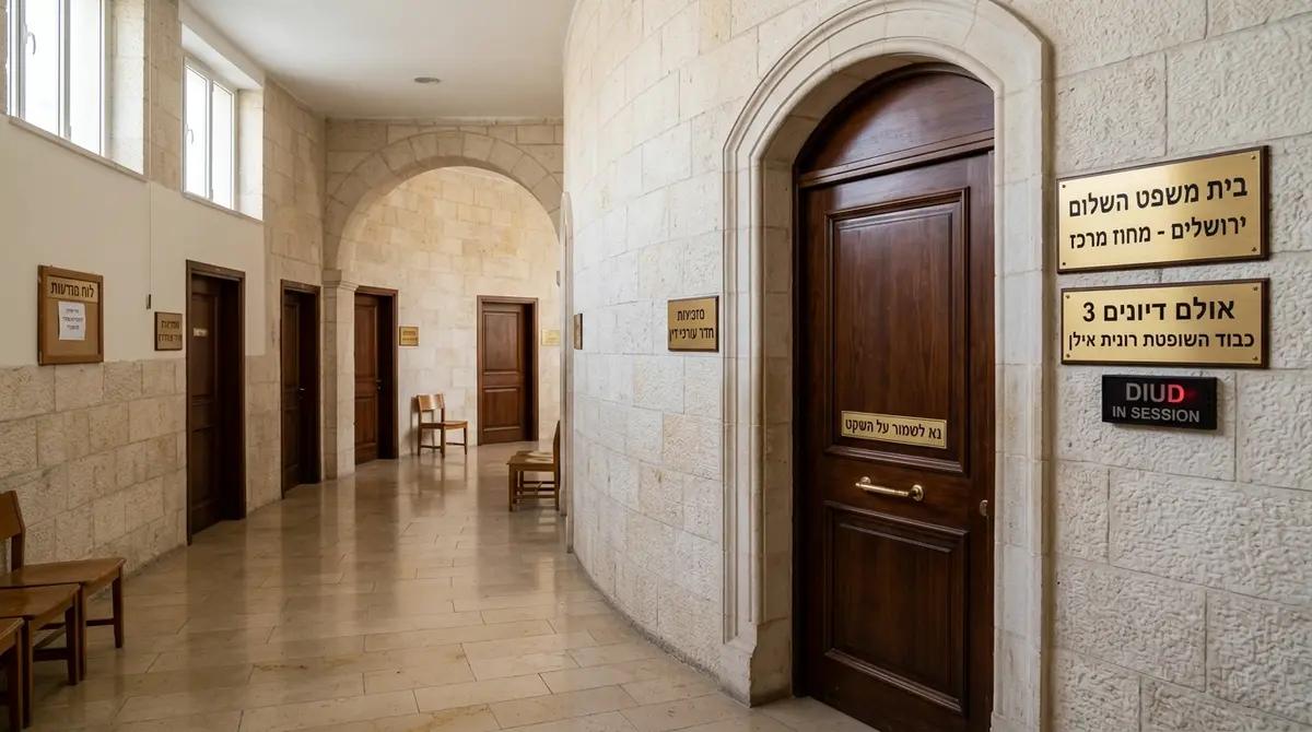 מסדרון מואר בבית משפט בישראל עם דלתות עץ וריצוף אבן