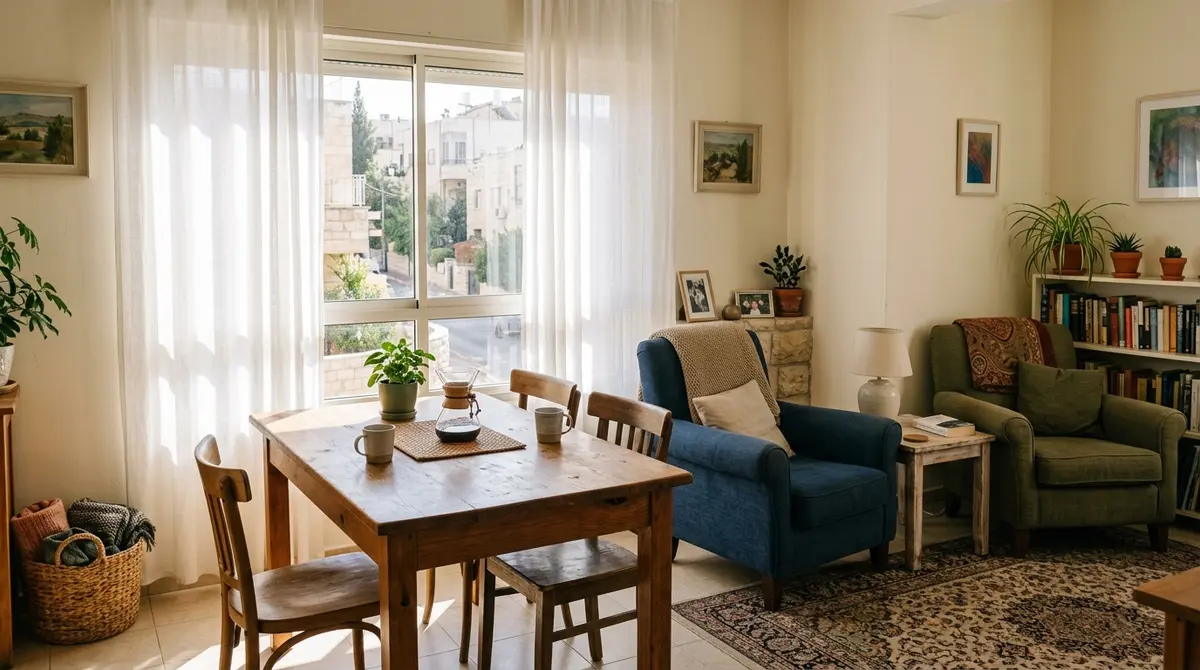 תמונה רחבה של סלון ביתי מואר ושקט בדירה ישראלית המשקף ביטחון ושלווה משפחתית