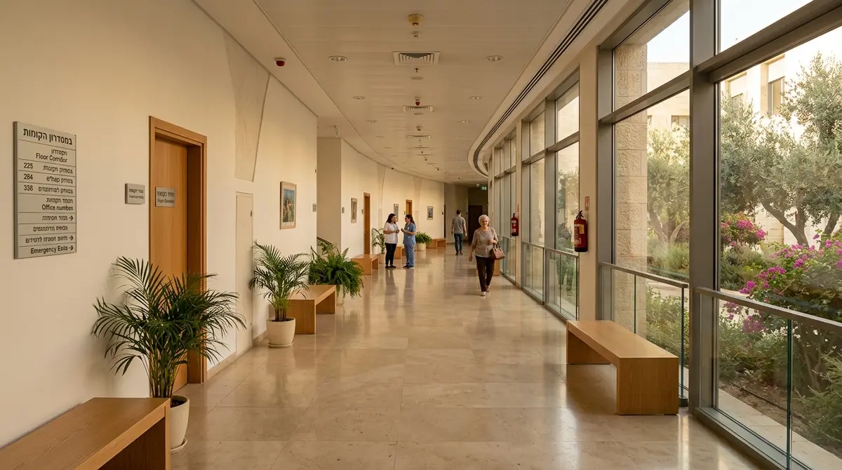 מסדרון מואר בבניין ציבורי עם רצפת אבן ואור יום מחלונות צדדיים