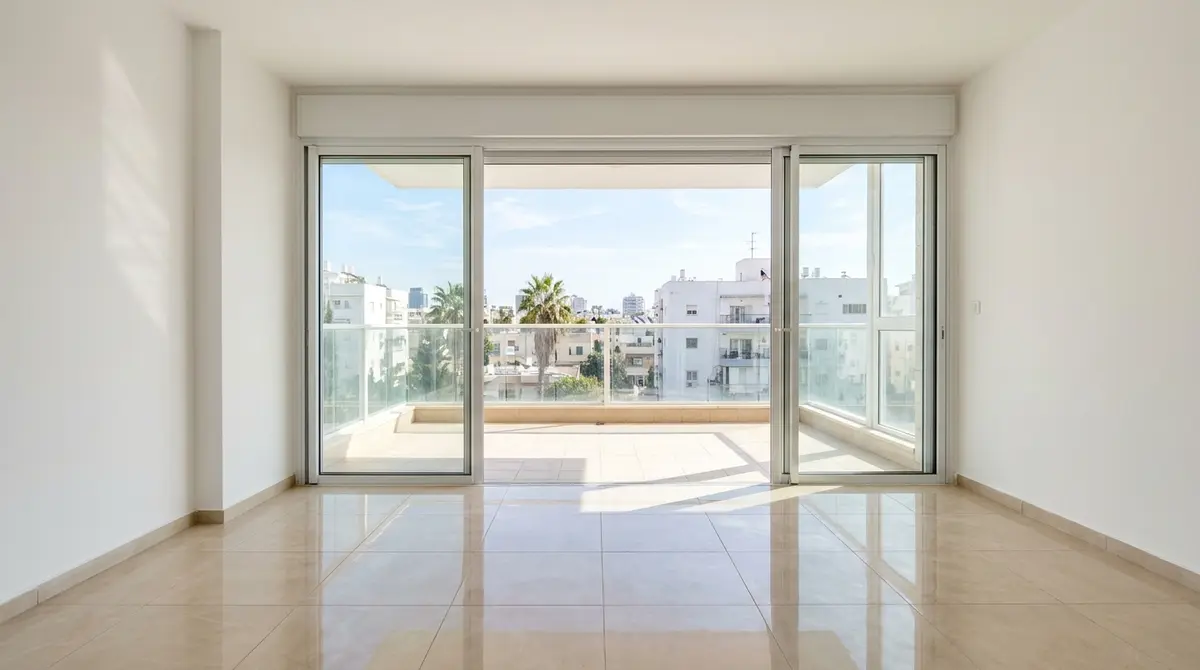 תמונה רחבה של חזית בניין מגורים מודרני חדש בישראל עם מרפסות שמש חיפוי אבן