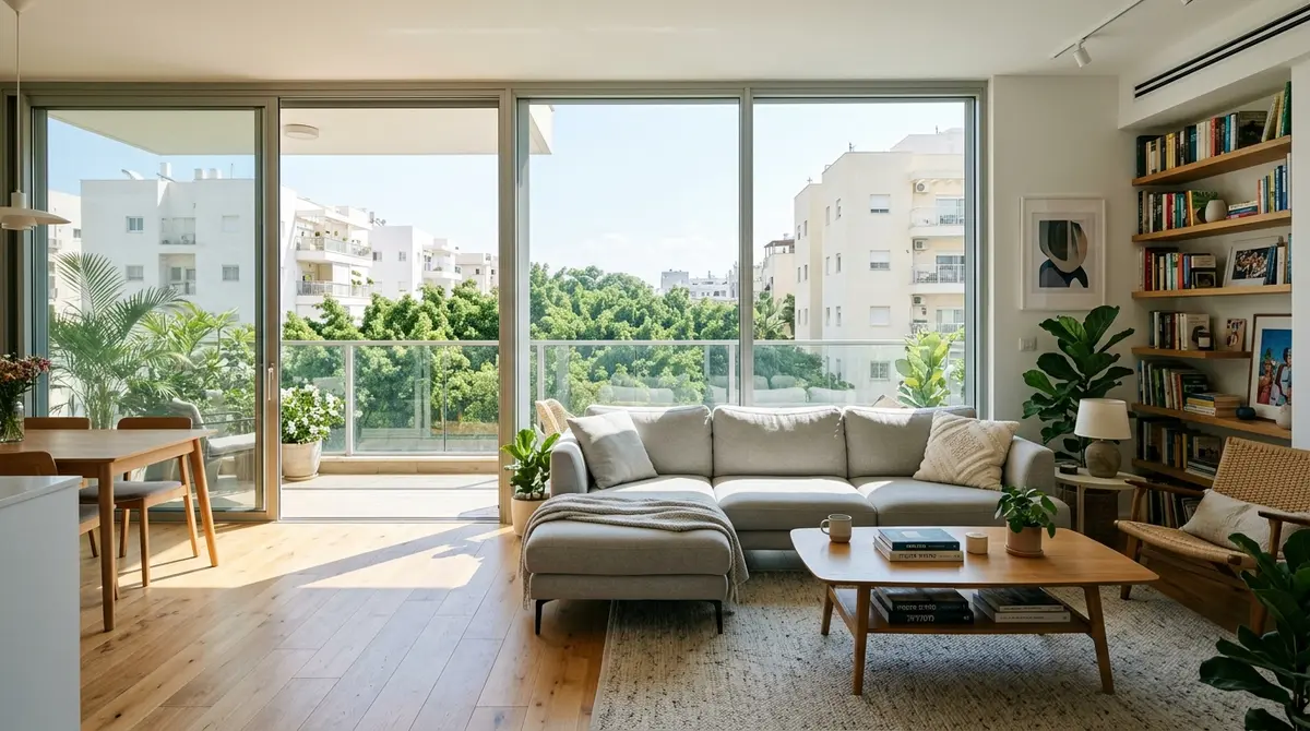 תמונה רחבה של רחוב מגורים שקט עם בניינים בעלי טיח בהיר ותריסי גלילה
