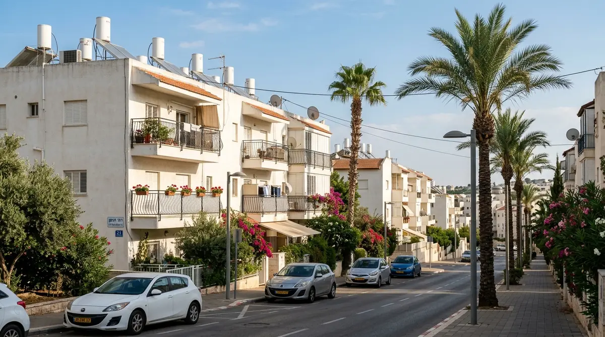 רחוב מגורים שקט עם בניינים בעלי טיח בהיר ותריסי גלילה
