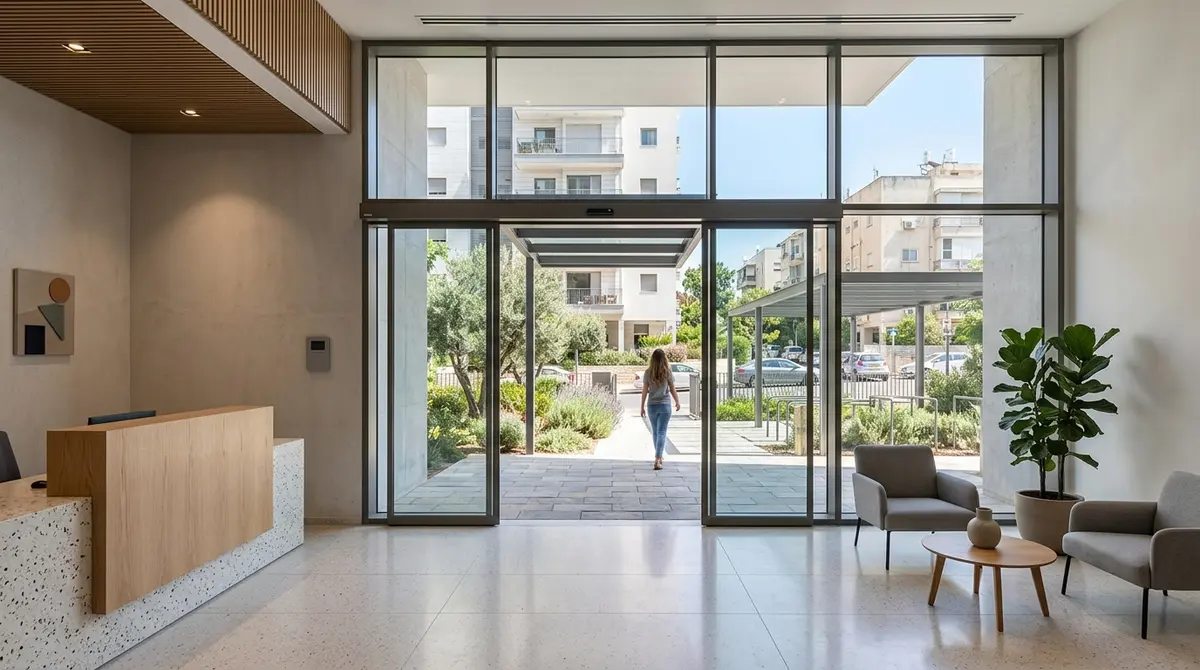 תמונה רחבה של מסדרון קומתי בבית משותף ליד לוחות תשתית