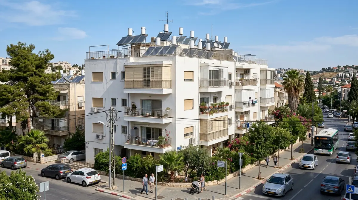 בניין מגורים ישראלי טיפוסי עם תריסי גלילה ודודי שמש על הגג