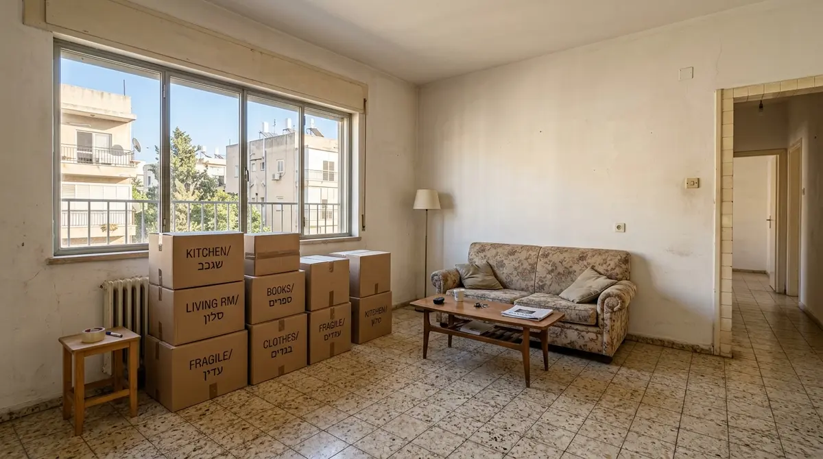 סלון מרווח בדירת מגורים עם ארגזים ארוזים לקראת מעבר ומכירה