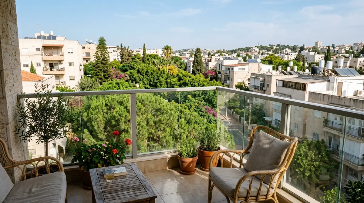 מרפסת שמש בדירת מגורים המשקיפה על שכונה עירונית ירוקה