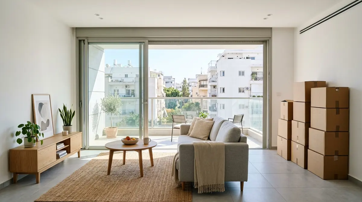 תמונה רחבה של סלון דירת מגורים מוארת עם ארגזי מעבר דירה לצד חלון מרפסת