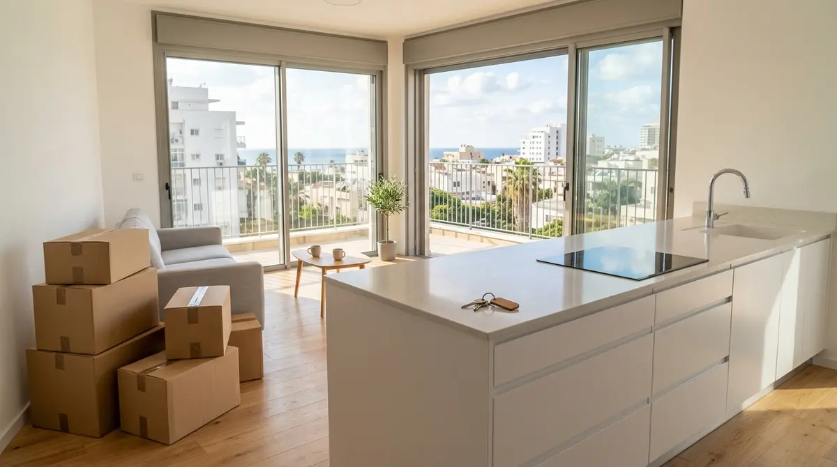 תמונה רחבה של פנים דירת מגורים מוארת עם מפתחות על הדלפק וארגזי מעבר דירה