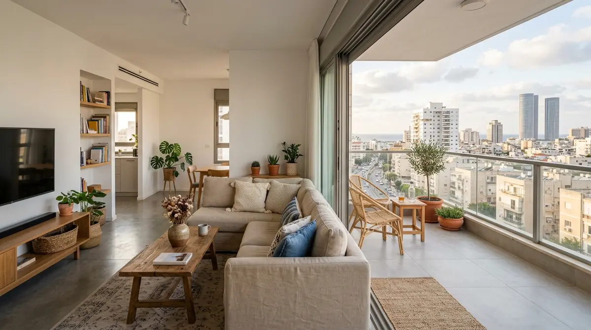 סלון דירה מודרנית עם מרפסת המשקיפה לעיר בישראל