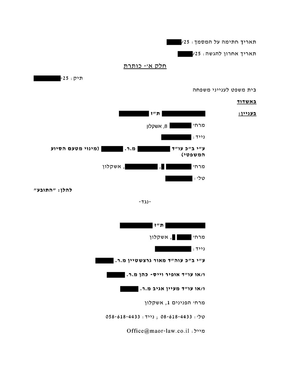 העמוד הראשון של כתב הגנה שהוגש לבית המשפט לענייני משפחה. כל הפרטים המזהים הוסרו או הוחלפו בפרטים בדויים.